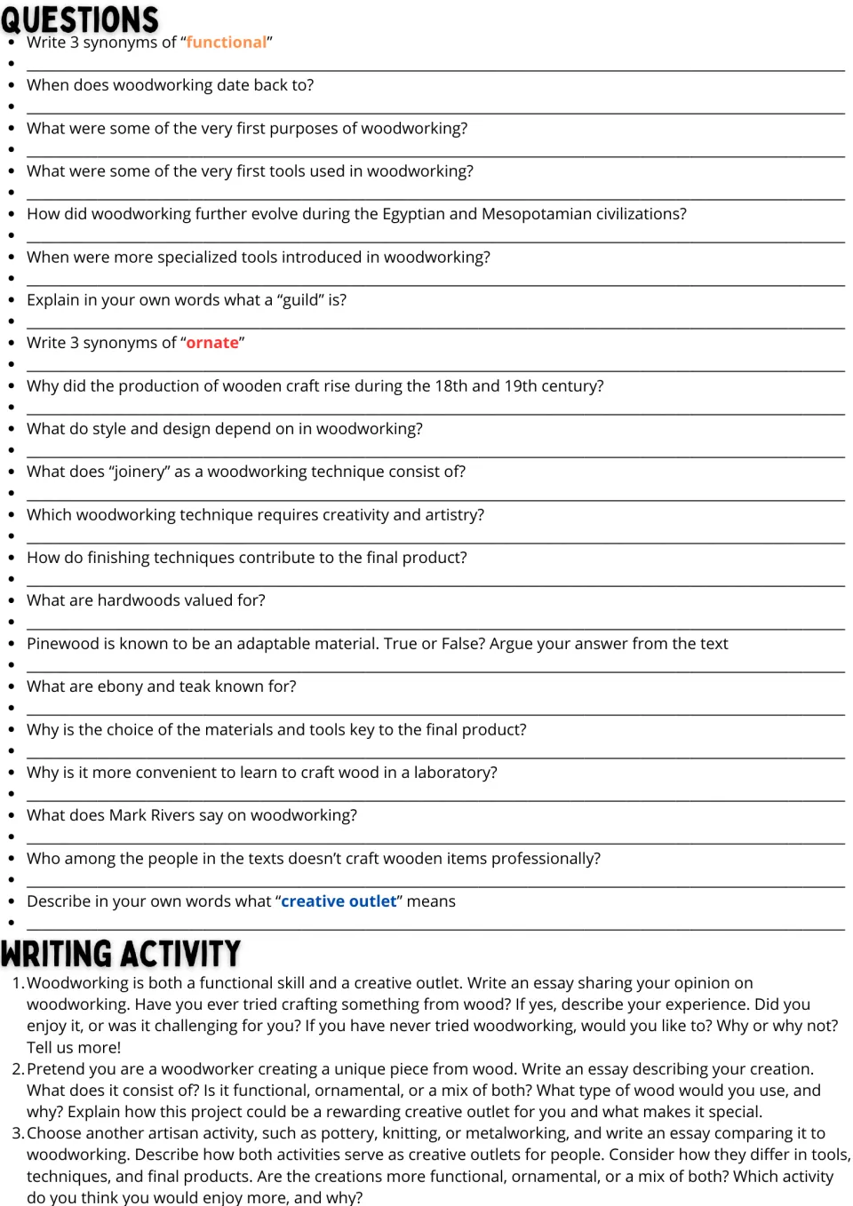 Woodworking questions: students answer 21 comprehension and synonym items, then respond to three essay prompts