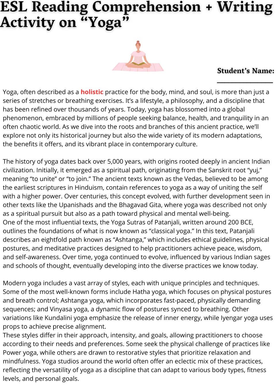 Yoga reading passage on its history, Patanjali and styles like Hatha and Vinyasa, with holistic in red