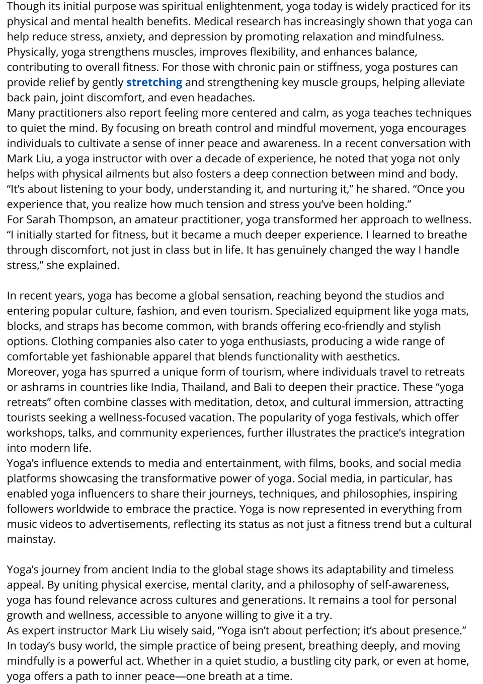 Yoga reading passage continued: health benefits, two interview quotes, yoga tourism and culture; stretching in blue