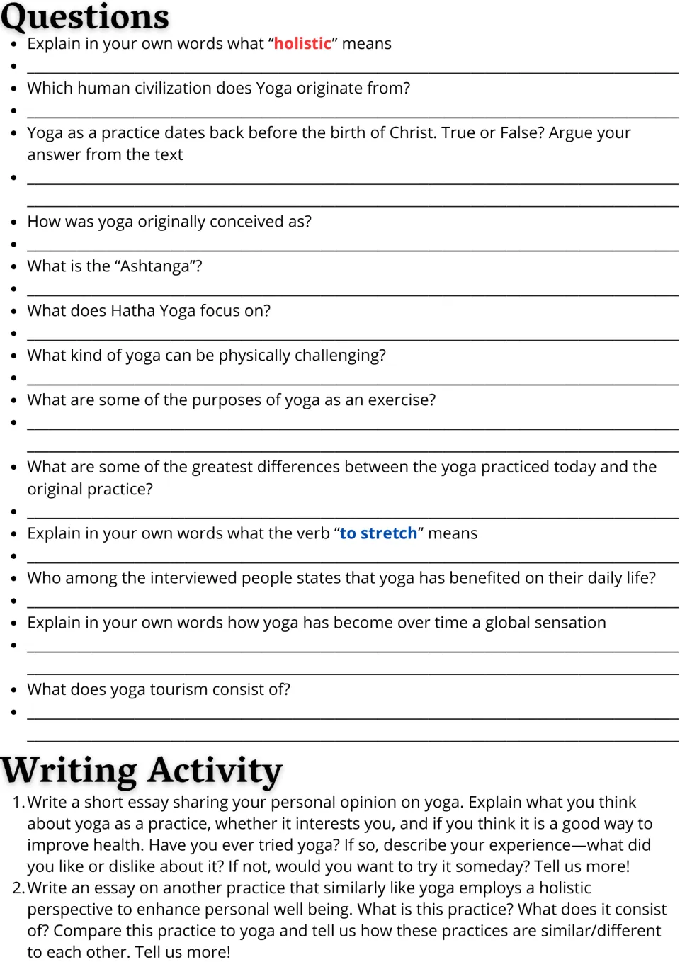 Yoga comprehension questions with answer lines, then two essay prompts: personal opinion and a comparison practice