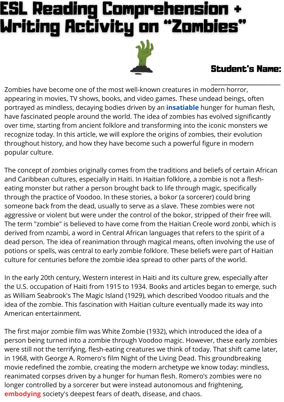 Zombie origins reading: students read about Haitian folklore, Voodoo, The Magic Island and the first zombie films