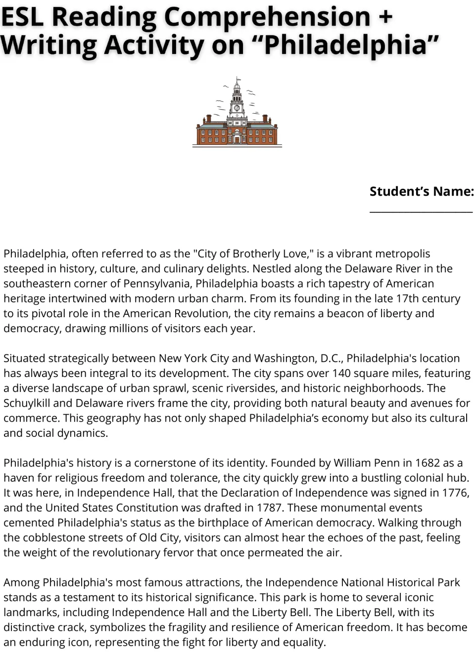 Opening ESL reading passage on Philadelphia's location, founding, Independence Hall, and the Liberty Bell.