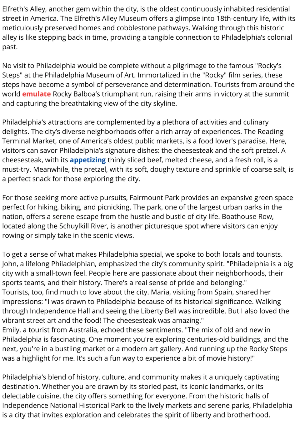 ESL reading passage continued: Elfreth's Alley, Rocky Steps, local food, parks, and visitor impressions.