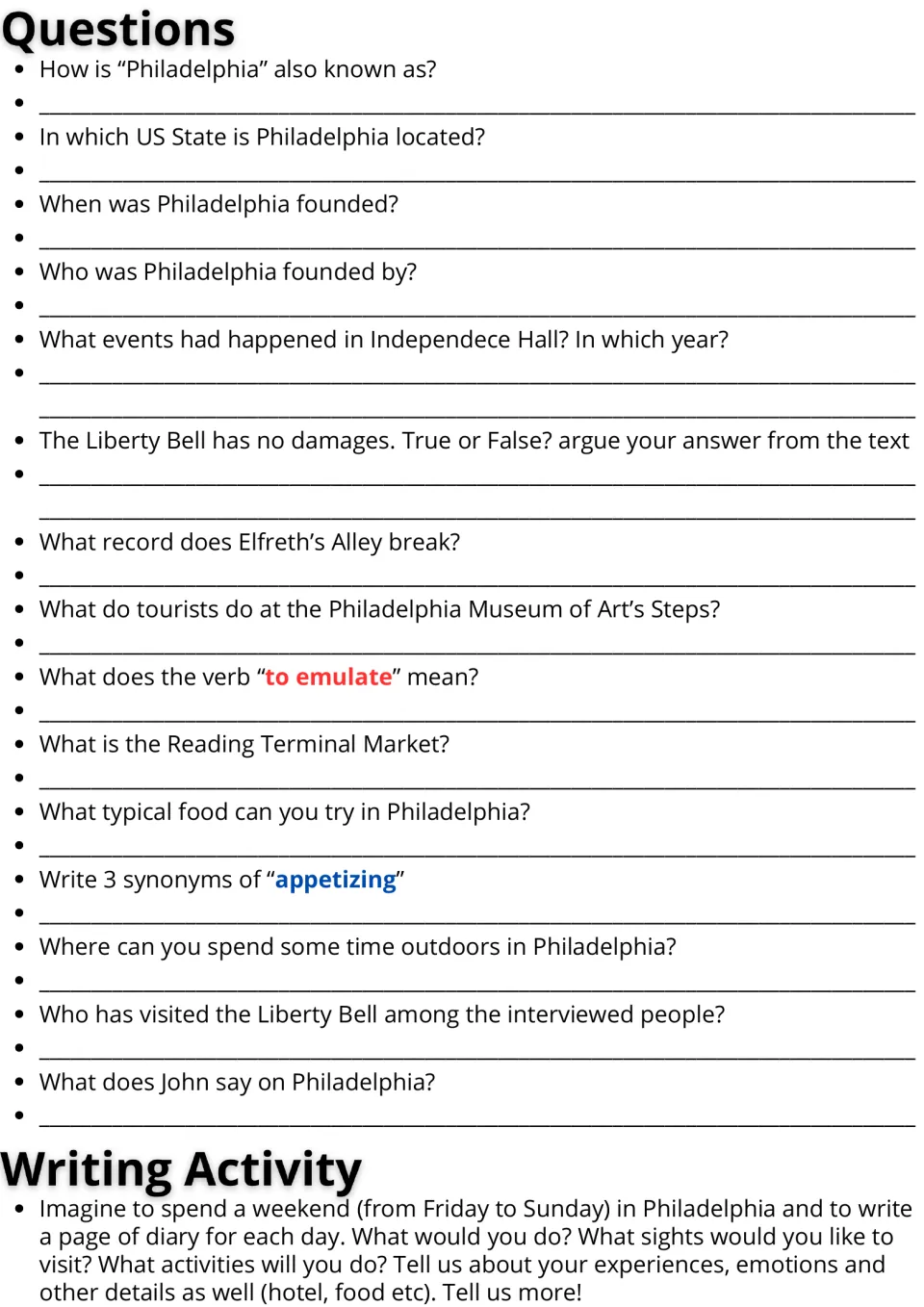 Philadelphia reading practice: 15 comprehension questions and a Friday-to-Sunday diary writing prompt.