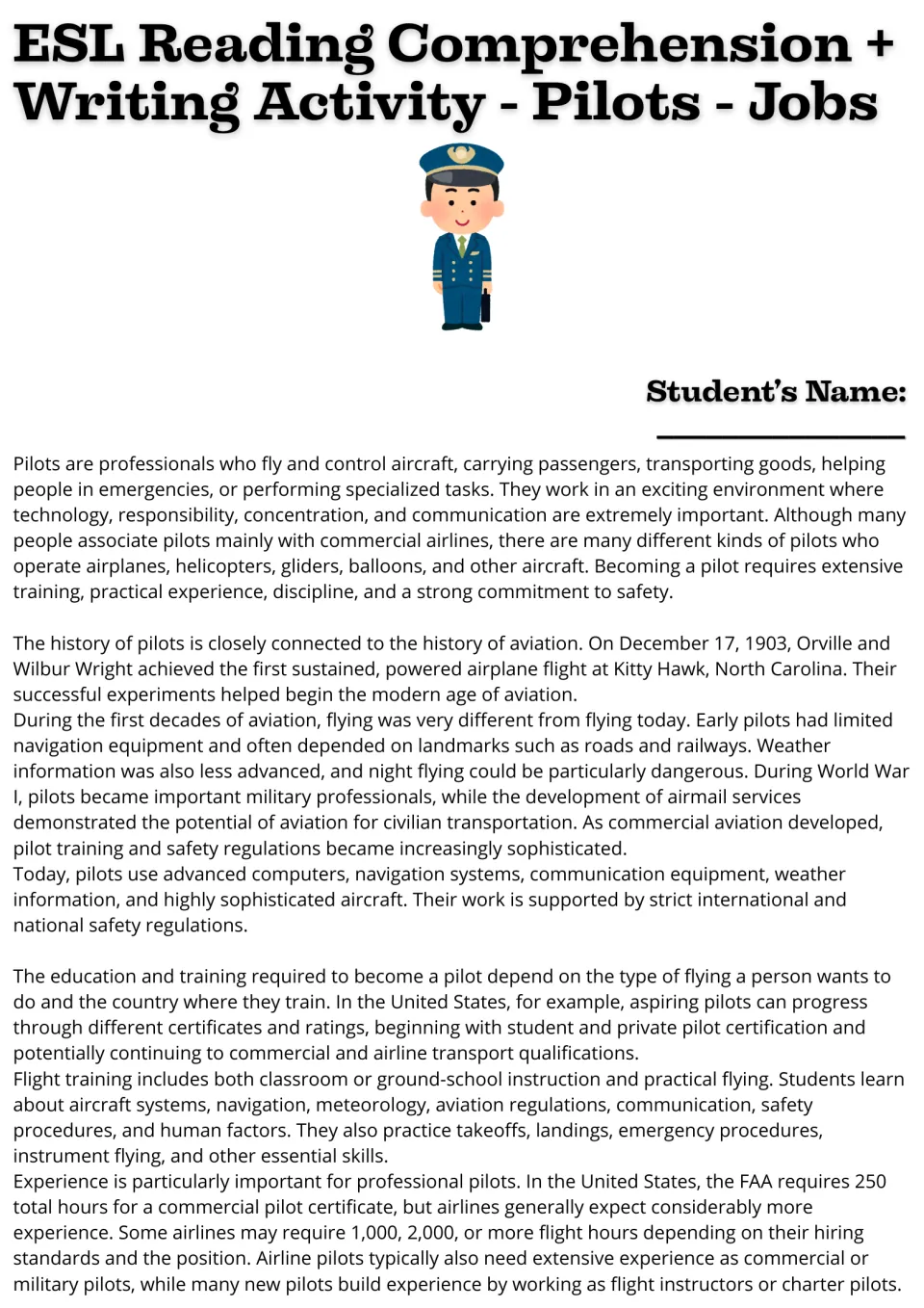 Pilot career reading, part 1: what pilots do, aviation history, and the education and training they need.