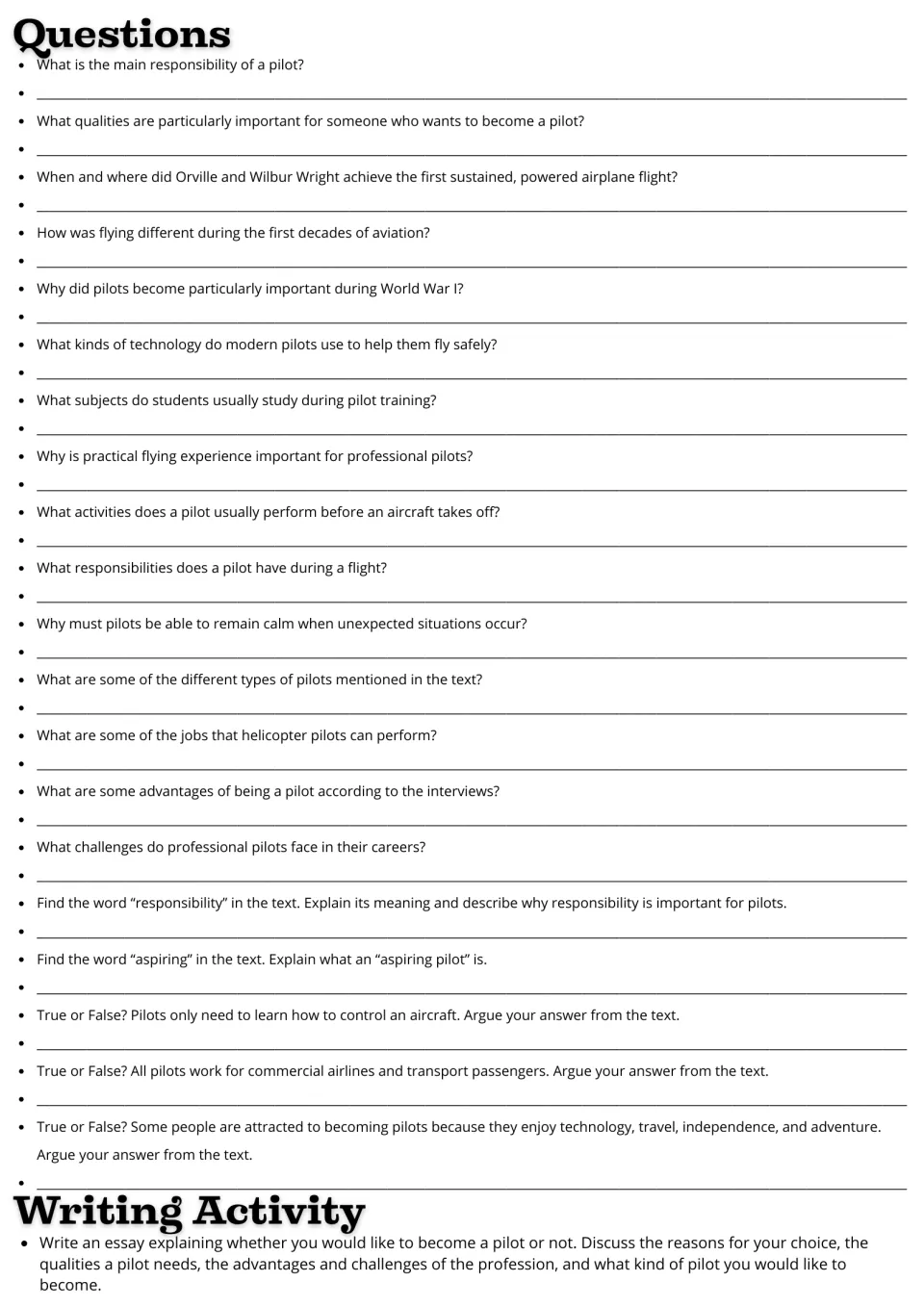 Pilot reading response sheet: 20 comprehension questions and an essay on whether you want to be a pilot.