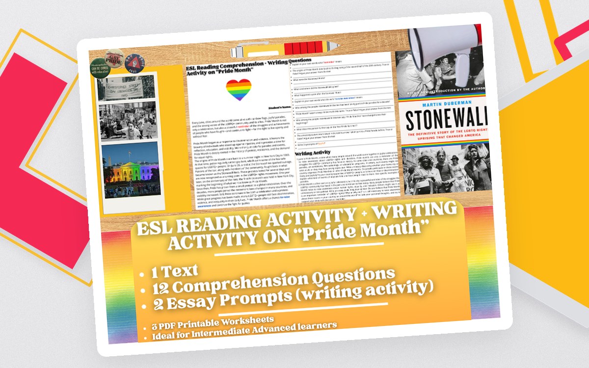 ESL Reading Comprehension + Writing Activity Worksheets - Pride Month preview