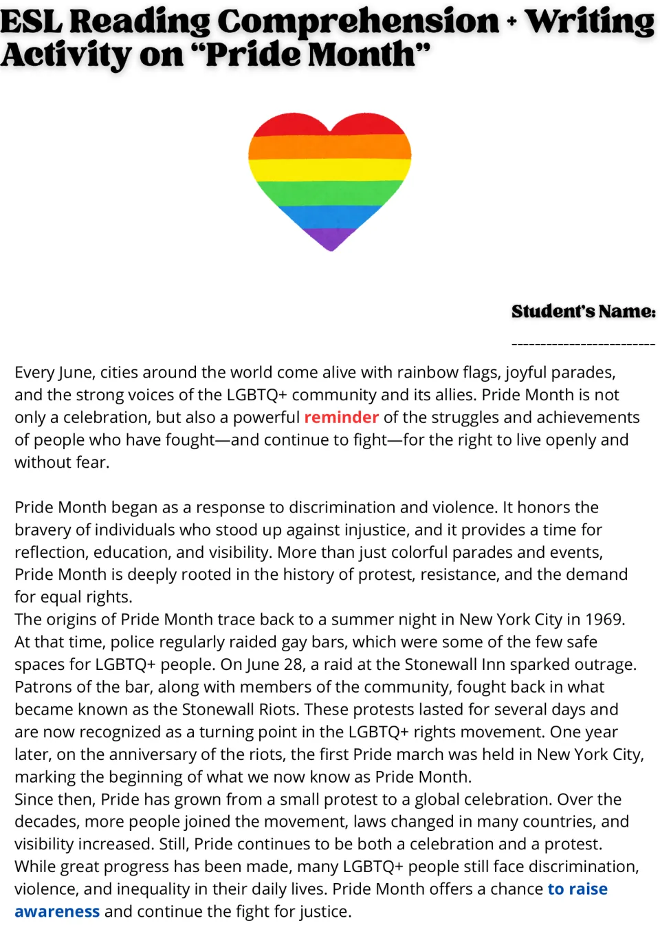 Pride Month history reading: students read how the 1969 Stonewall Riots led to the first Pride march in New York City
