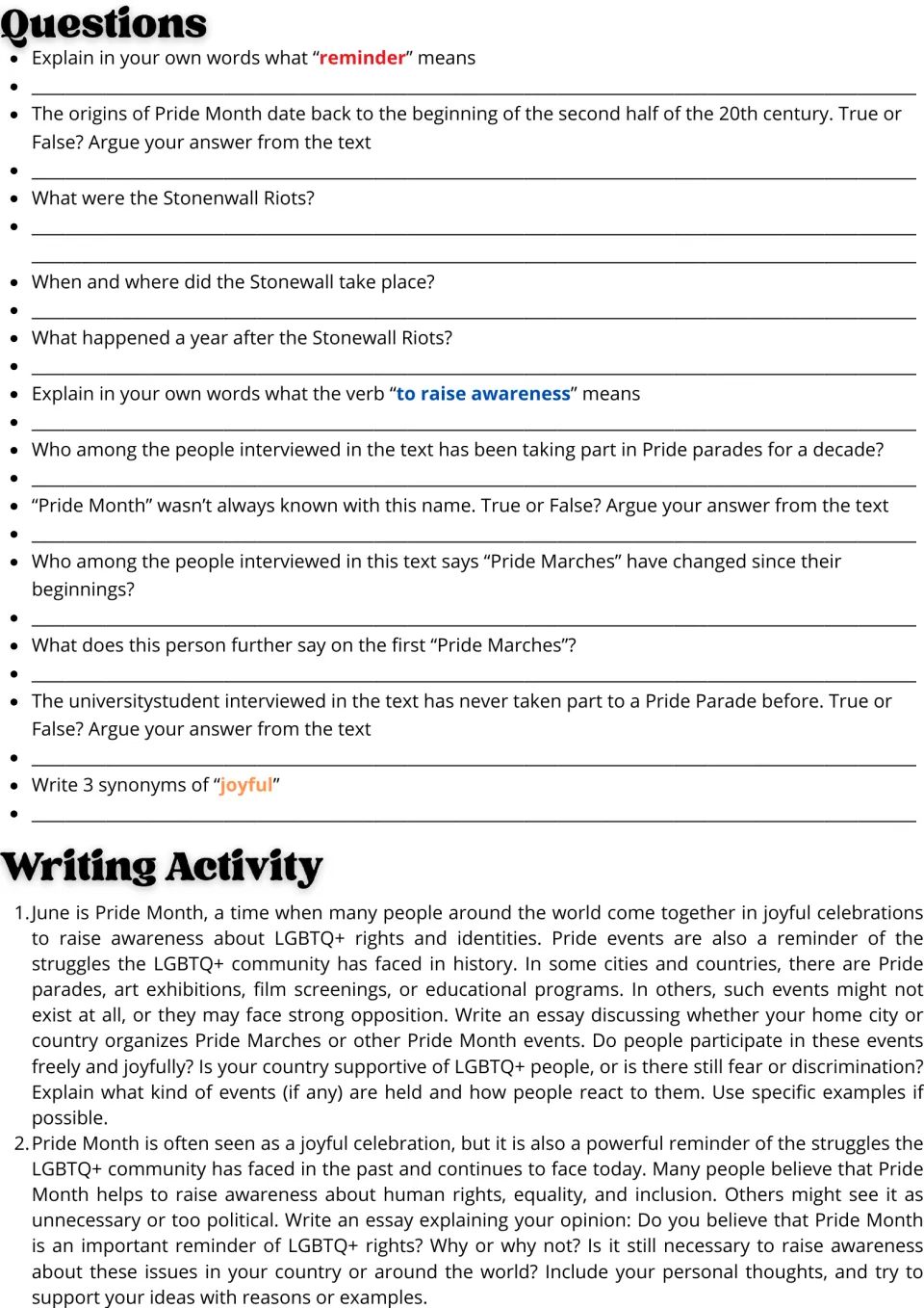 Pride Month questions: students answer true/false and vocabulary items on the texts, then write one of two essays