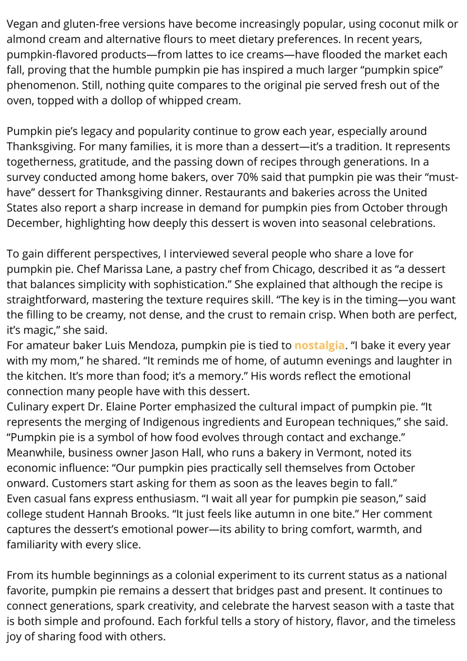 Pumpkin pie reading passage, part 2: dietary variations, Thanksgiving traditions, and personal perspectives