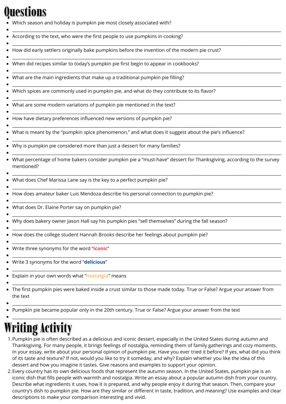 Pumpkin pie follow-up: 21 comprehension and vocabulary questions plus two essays on opinions and autumn foods