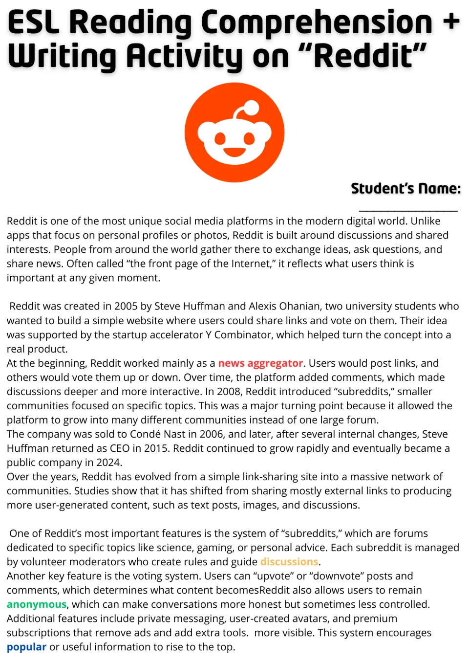 Reddit reading passage, part 1: students read about Reddit's 2005 founding, subreddits, voting and anonymity