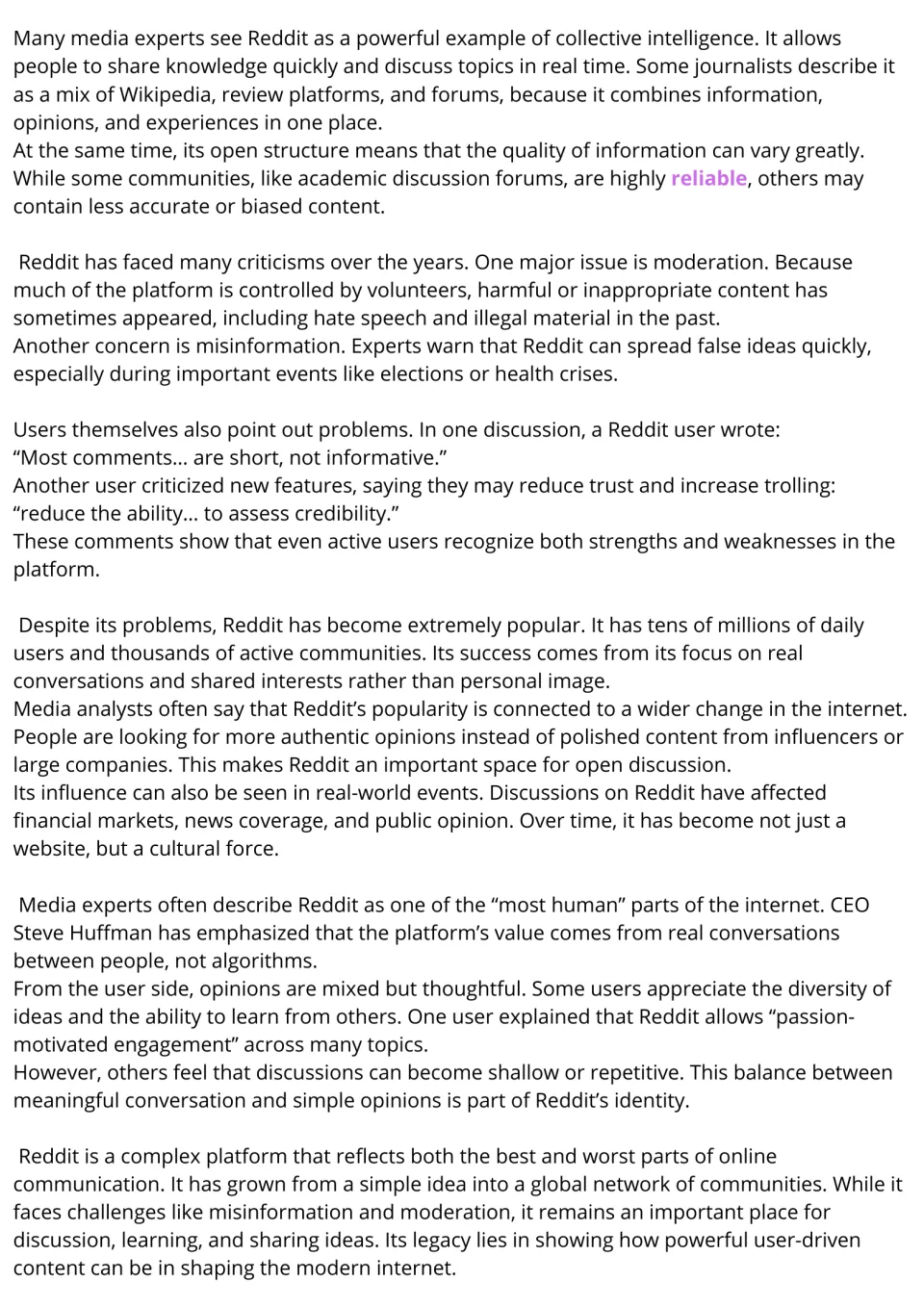 Reddit passage, part 2: students read about collective intelligence, moderation, misinformation and mixed user opinions