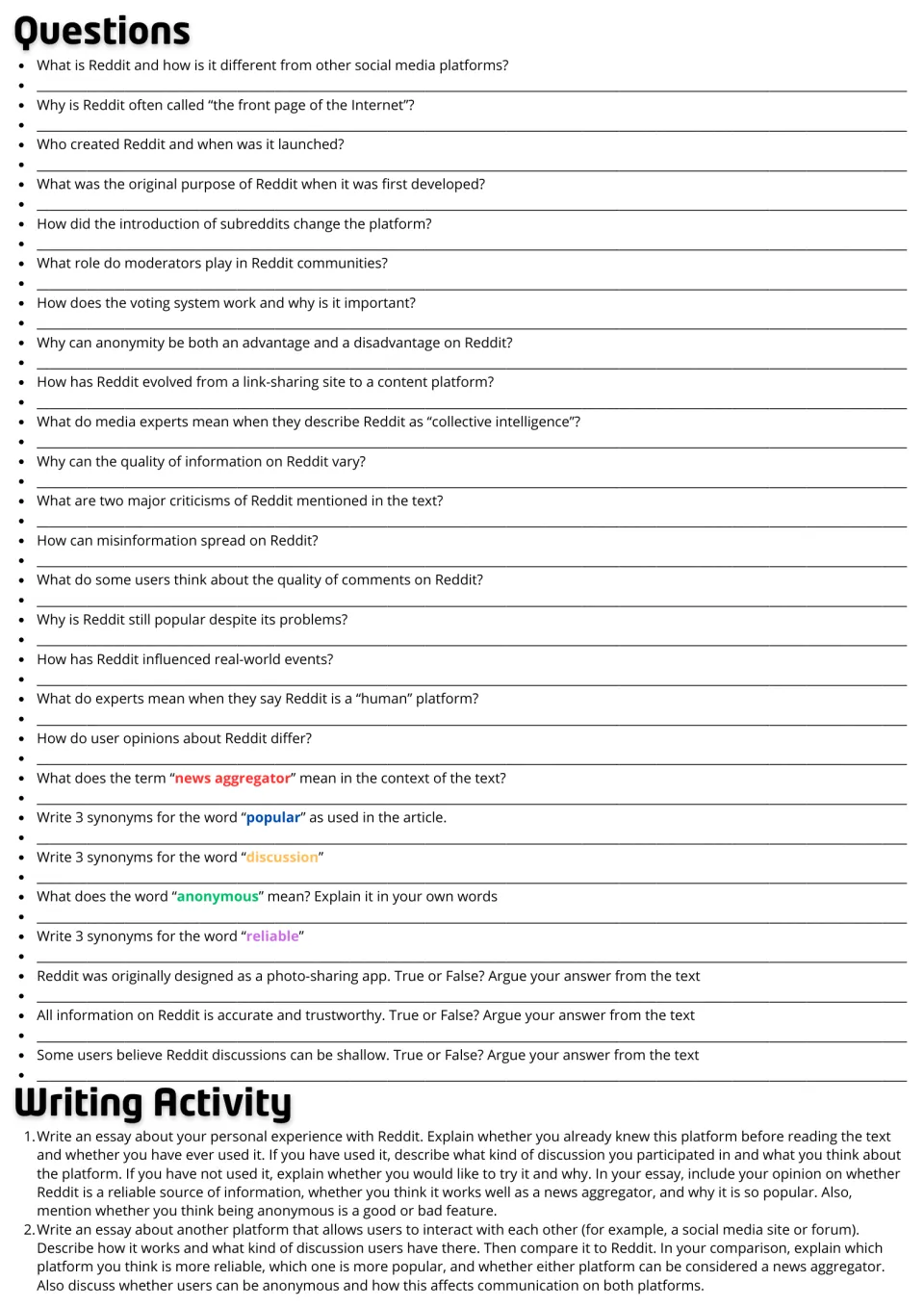 Reddit questions: 26 comprehension, vocabulary synonym and true/false items, then two essay prompts comparing platforms