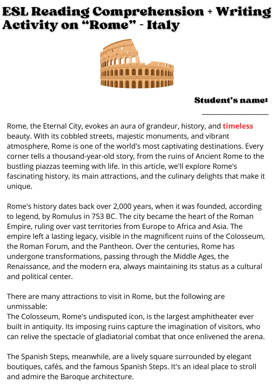 Rome reading passage, part 1: the city's legendary founding, Roman history, the Colosseum, and Spanish Steps.