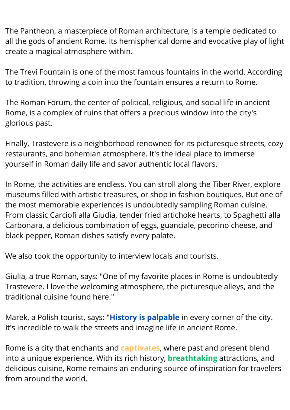 Rome reading passage, part 2: landmarks, Trastevere, Roman cuisine, and comments from a local and a tourist.
