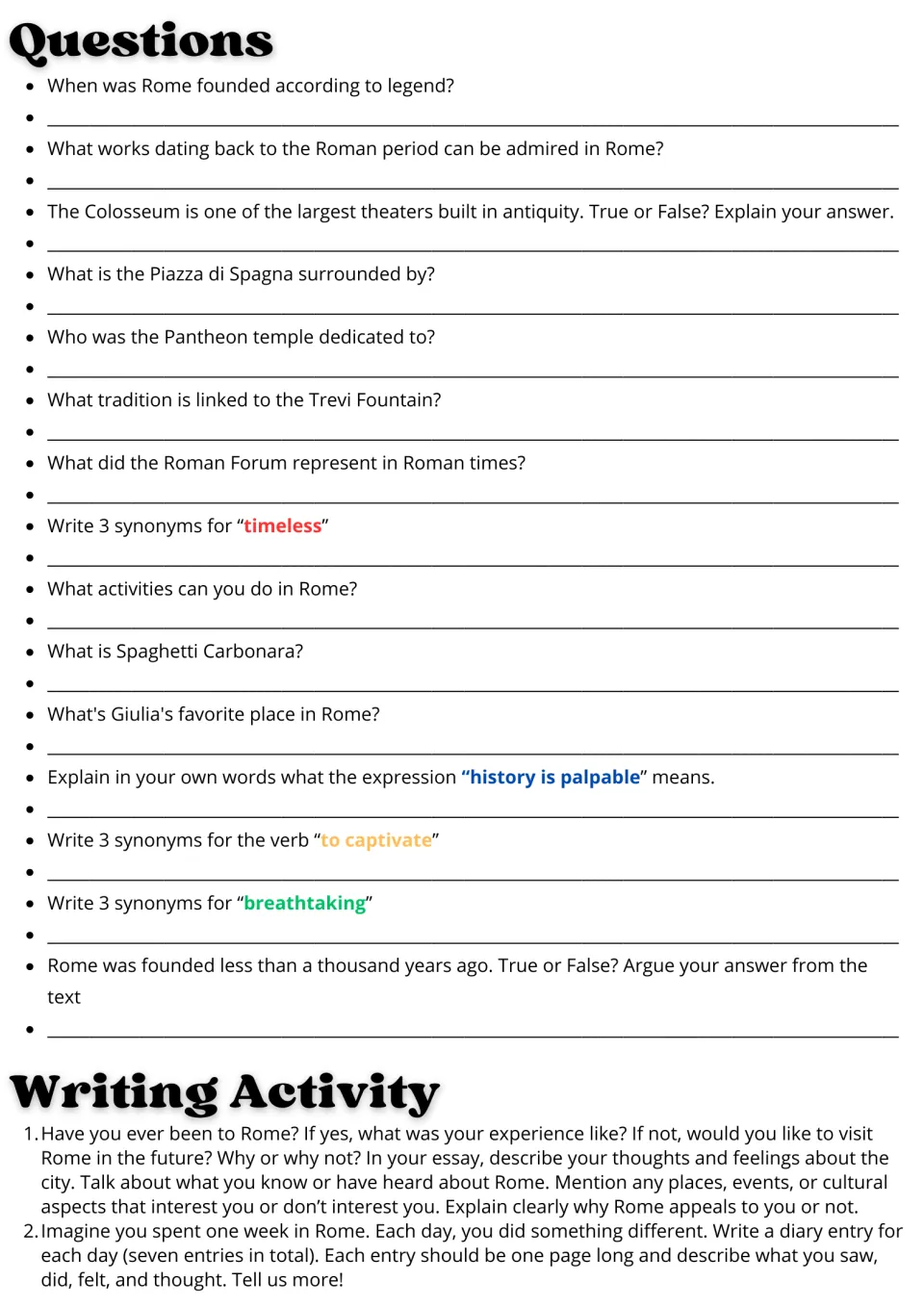 Rome reading follow-up: 15 comprehension and vocabulary questions, a personal essay, and a seven-day diary prompt.