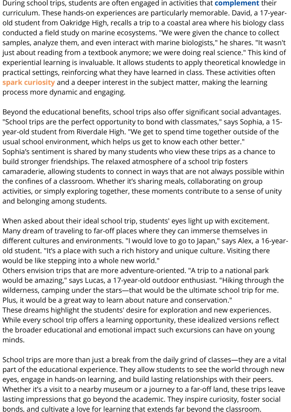 School trips reading passage, part 2: David's marine field study, Sophia on bonding, Alex and Lucas's dream trips
