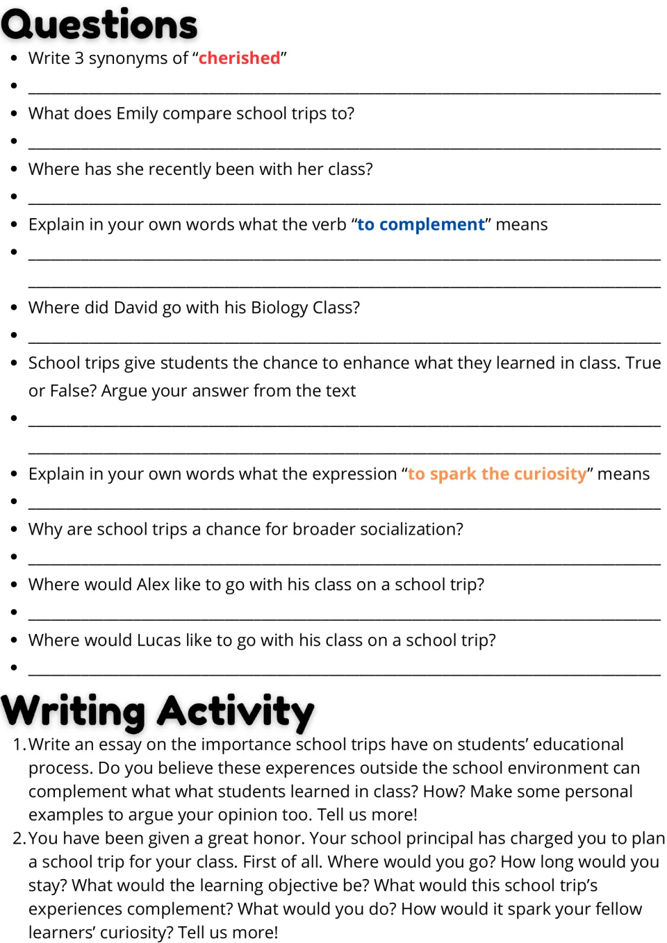 School trips questions: students answer recall and vocabulary items, then write an opinion essay and plan a class trip