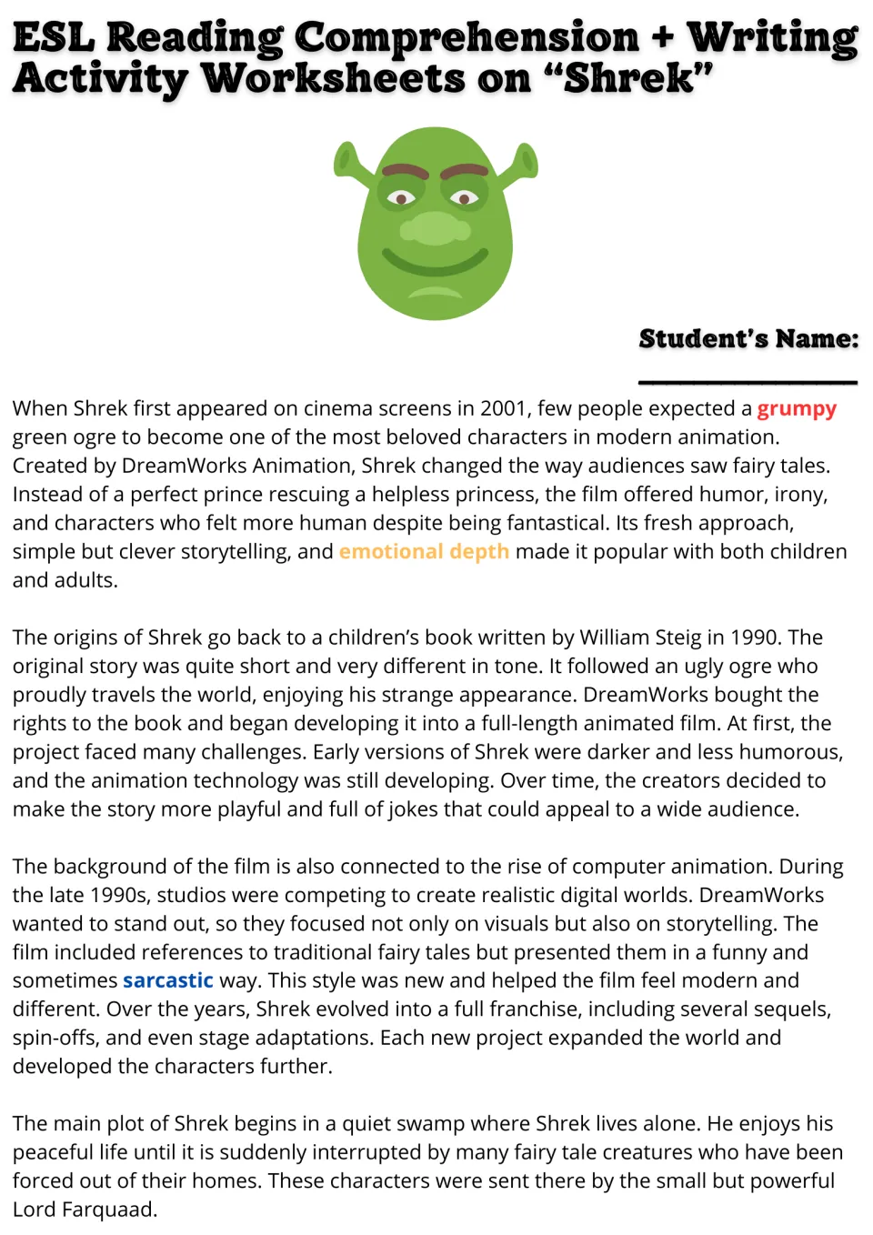 Shrek reading passage, part 1: the film's origins, animation background, and fairy tale creatures in his swamp.