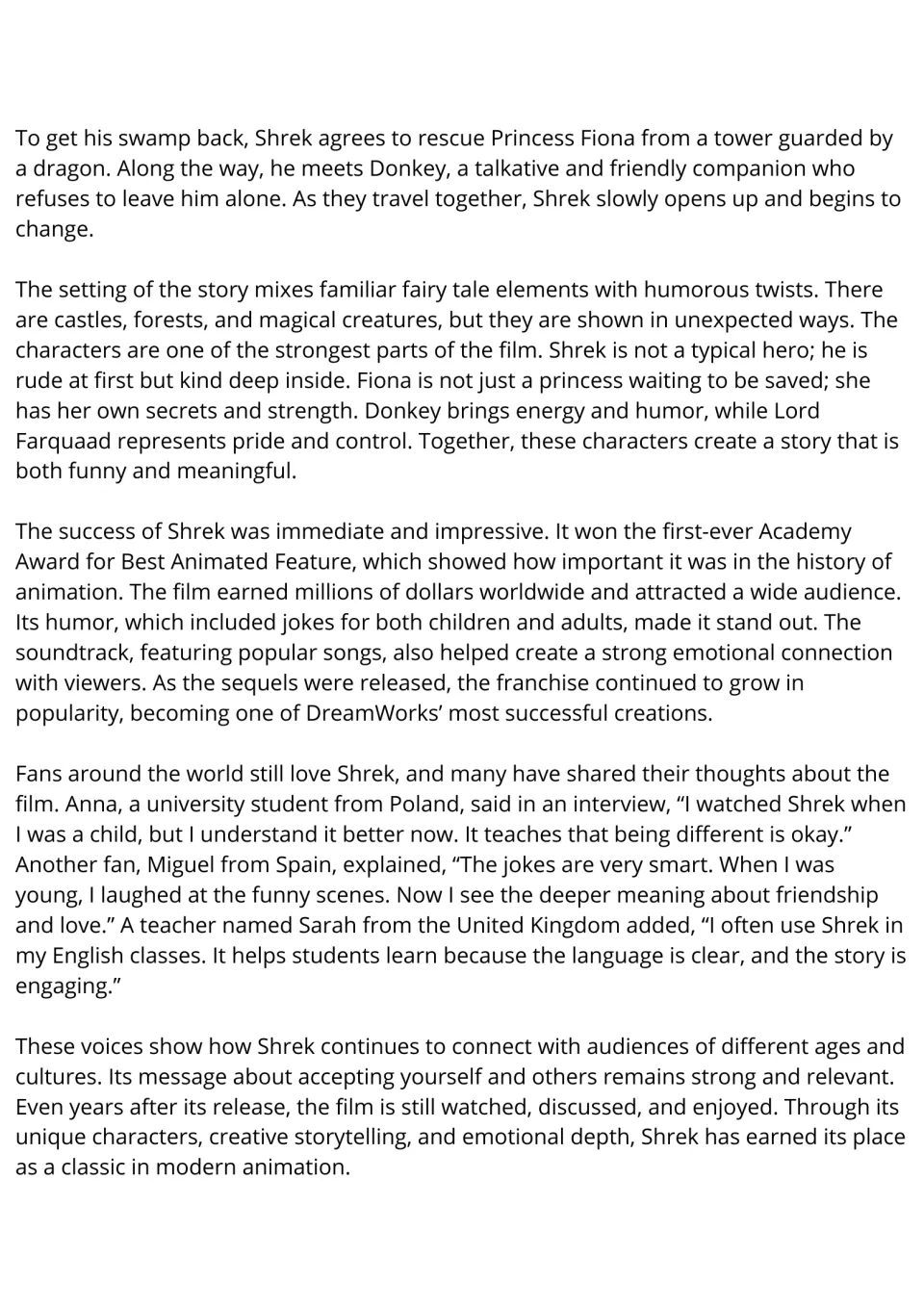 Shrek reading passage, part 2: Fiona's rescue, main characters, the film's success, and audience reflections.