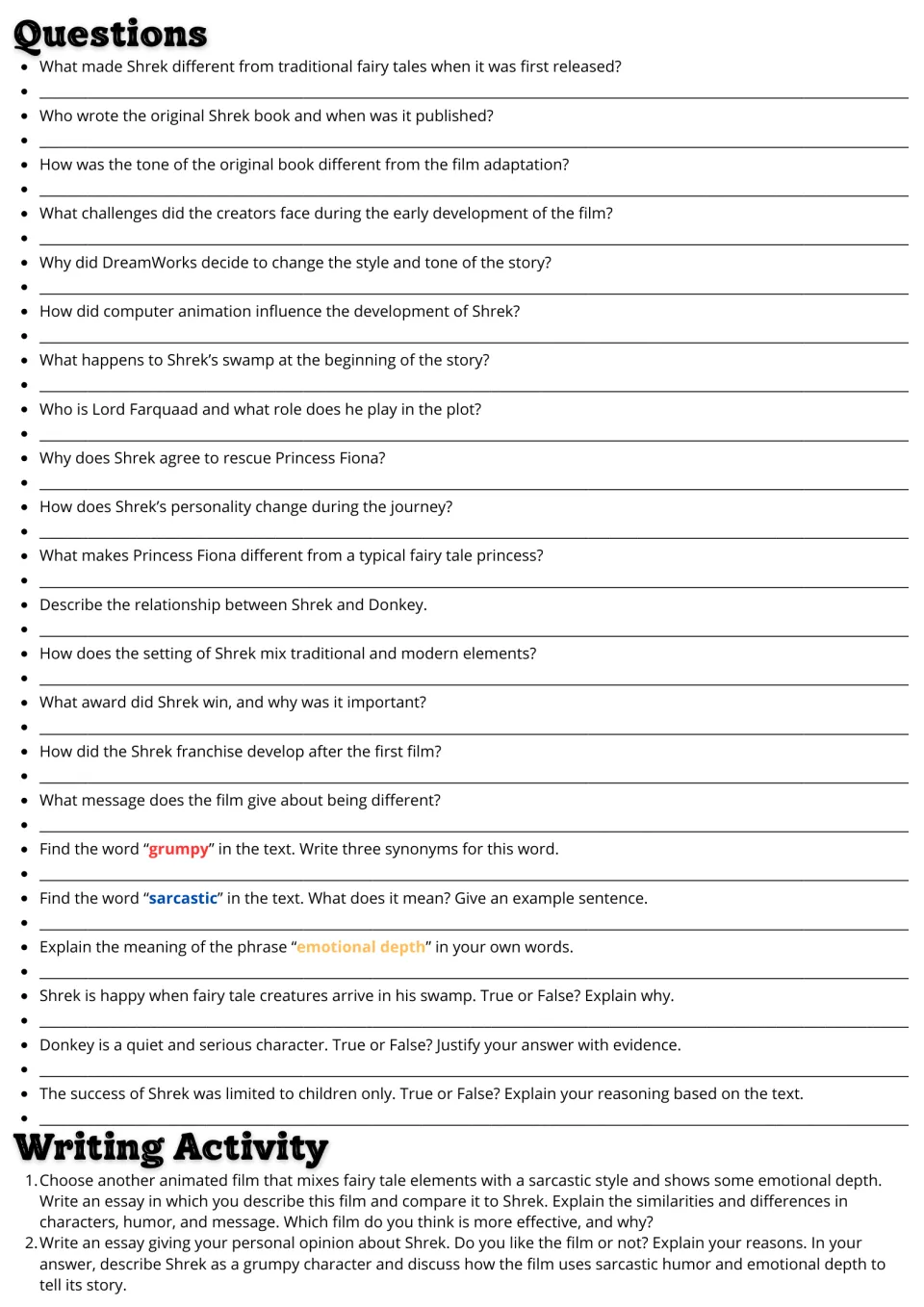 Shrek follow-up activities: 22 comprehension and vocabulary questions plus two essay prompts about films.