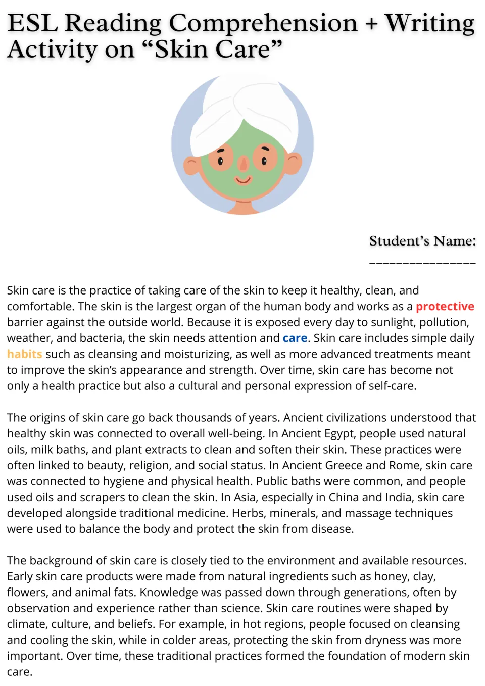 Skin care reading passage, part 1: students read about skin as a protective barrier and skin care in Egypt, Greece and Asia
