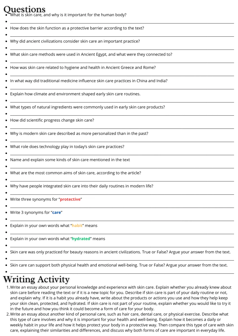 Skin care questions: students answer 20 comprehension, synonym, word-meaning and true/false items, then write two essays