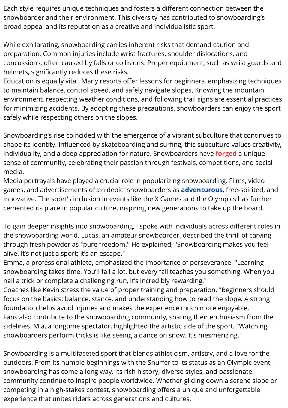 Snowboarding passage continued: students read on safety, subculture and interviews; forged and adventurous are highlighted