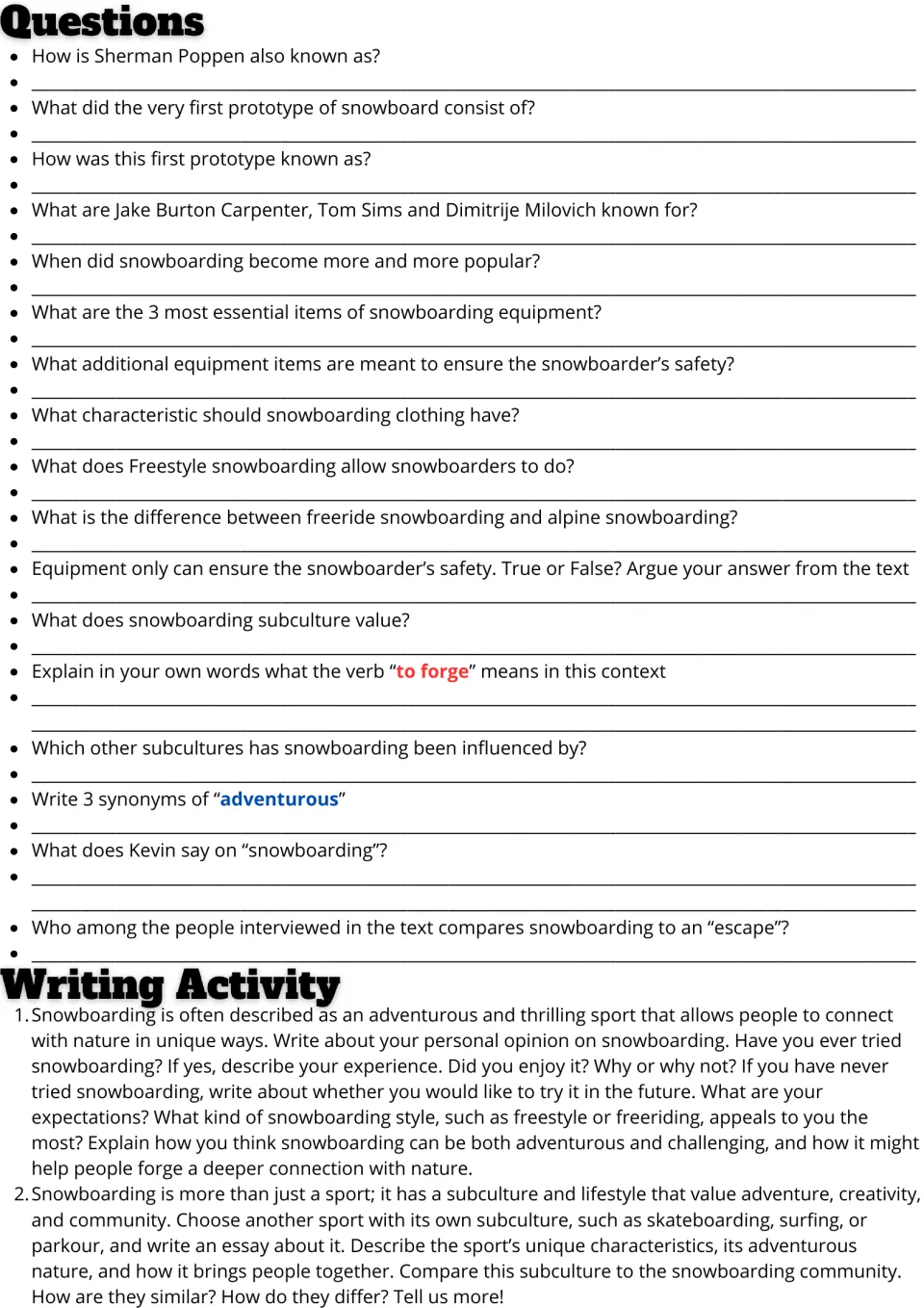 Snowboarding questions: students answer 17 comprehension and vocabulary items, then write an opinion or comparison essay