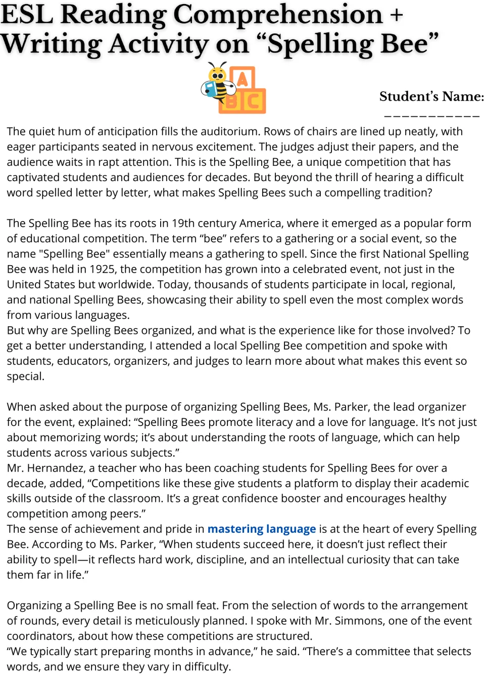 Spelling Bee reading passage, part 1: an article on the contest's 19th-century roots, quoting organizers and a coach