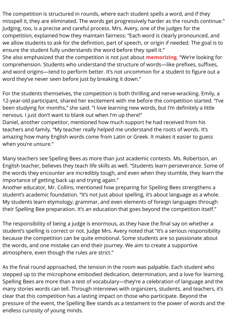 Spelling Bee passage, part 2: a judge, young competitors and teachers discuss rules, word roots and perseverance