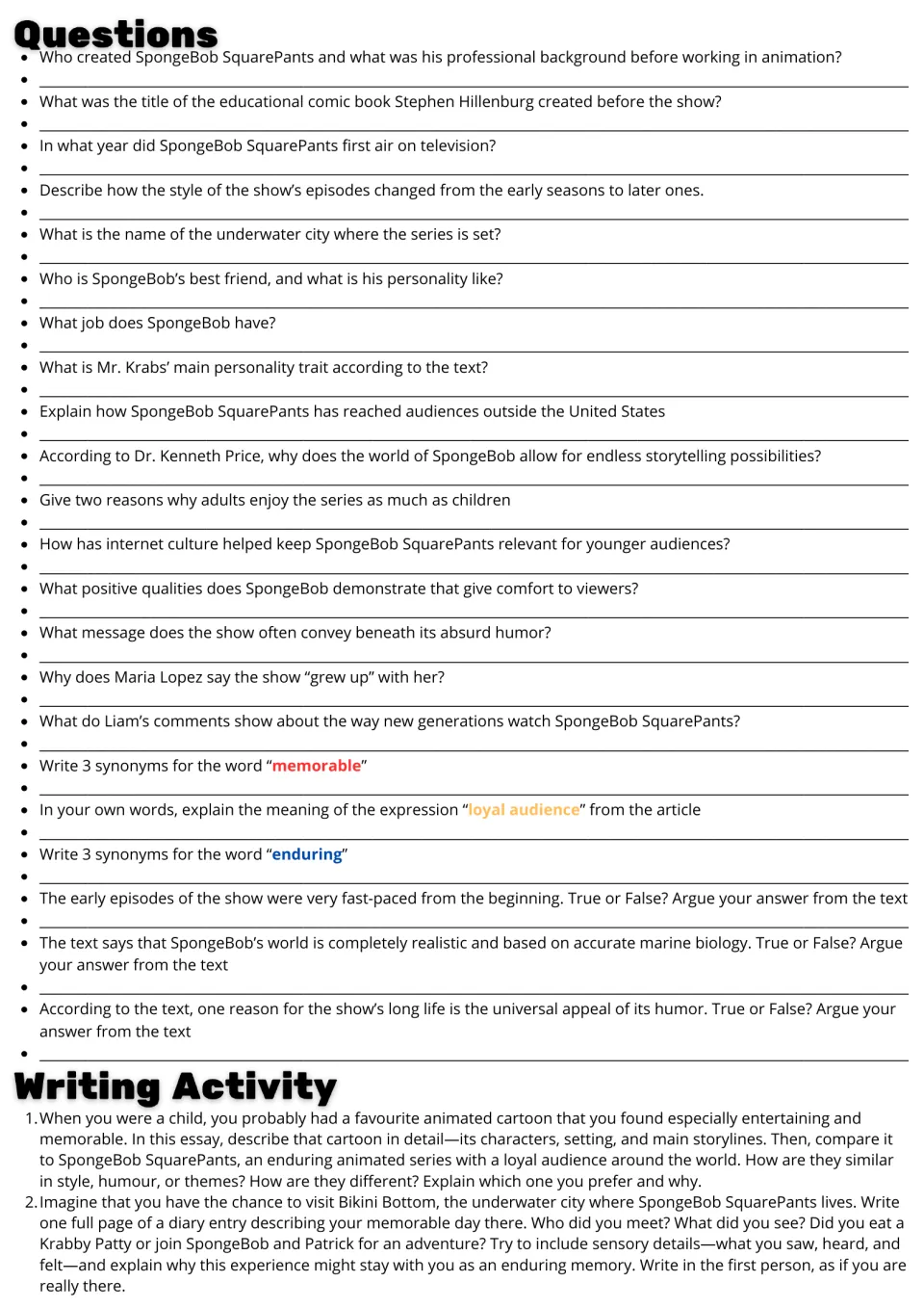 Follow-up activities: 22 reading and vocabulary questions, a cartoon comparison essay, and a Bikini Bottom diary