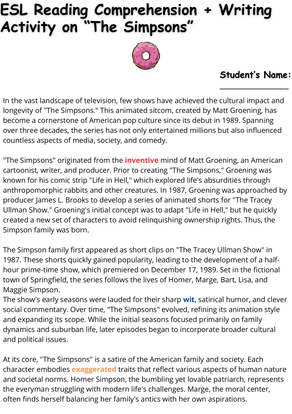 ESL reading passage, part 1: Matt Groening, the origins of The Simpsons, and the Simpson family.