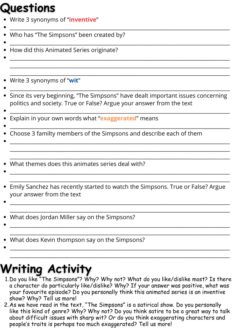 Reading response page: 11 comprehension questions and two essay prompts on The Simpsons and satire.