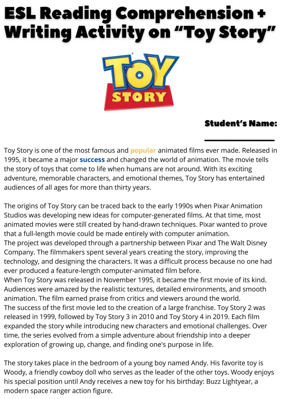 Toy Story reading passage, part 1: students read about Pixar, Disney, the 1995 release and Woody meeting Buzz