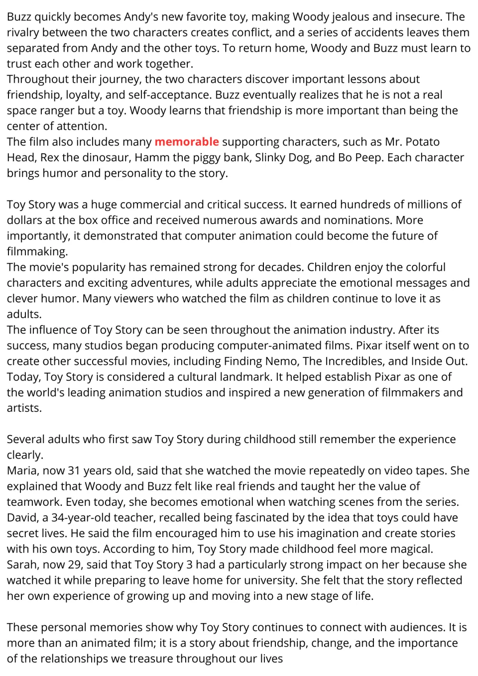 Toy Story passage, part 2: students read about the film's legacy and adults Maria, David and Sarah recalling it
