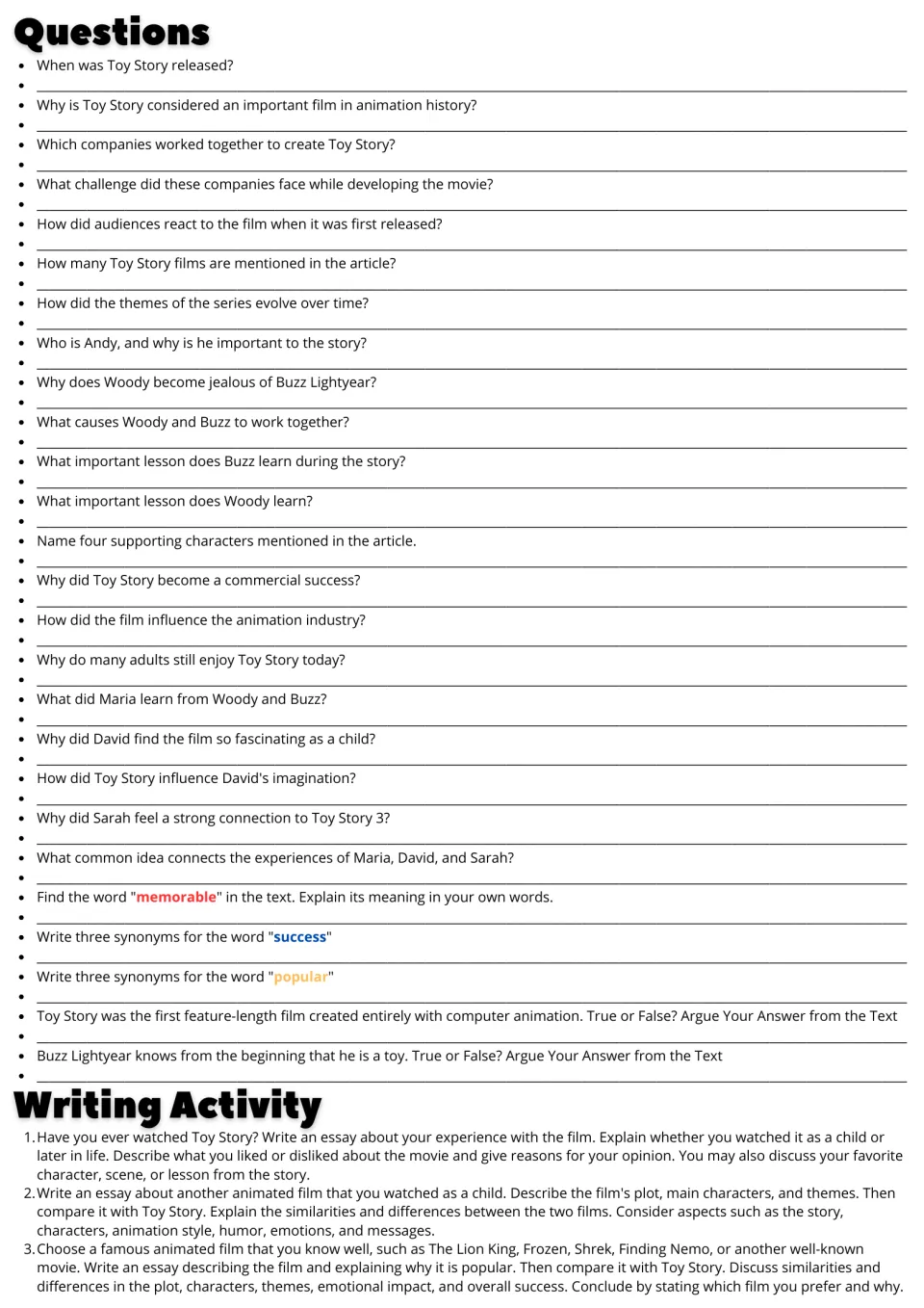 Toy Story questions: students answer 26 items, give synonyms, argue true or false and choose one of three essays