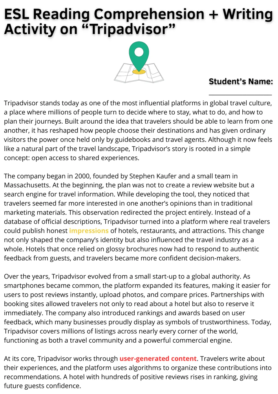 Tripadvisor reading passage, part 1: students read about its 2000 founding, growth and how user reviews work