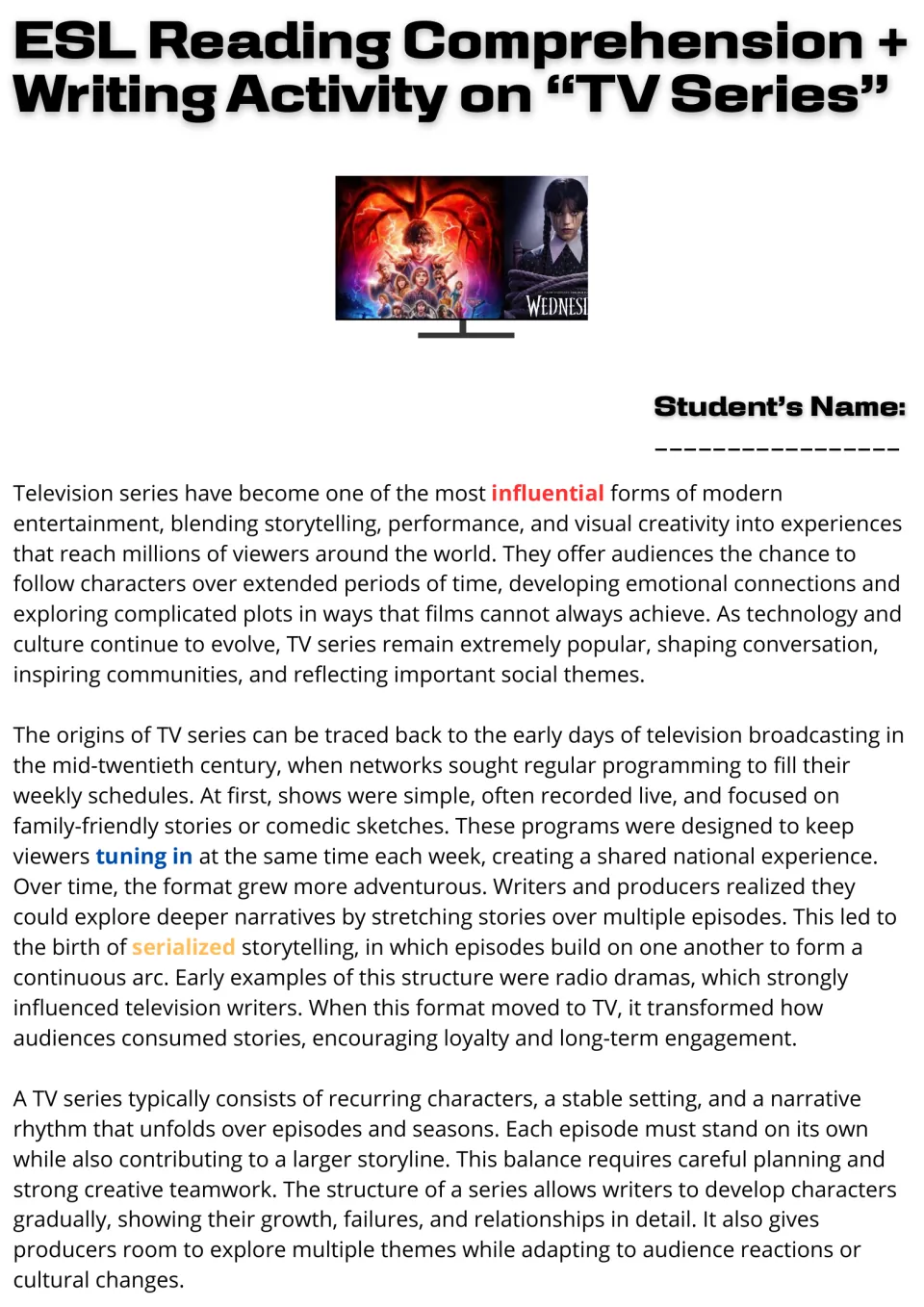 TV series reading passage, part 1: students read about the origins and structure of TV shows, with key vocabulary in color