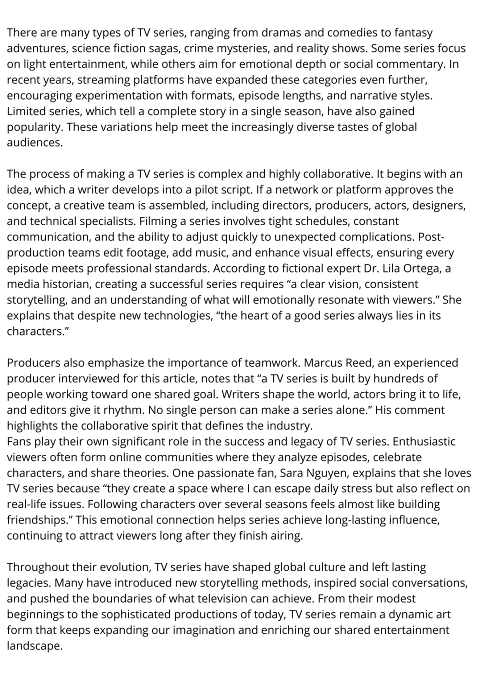 TV series reading passage, part 2: students read about genres, streaming, production and fans, with expert and fan quotes