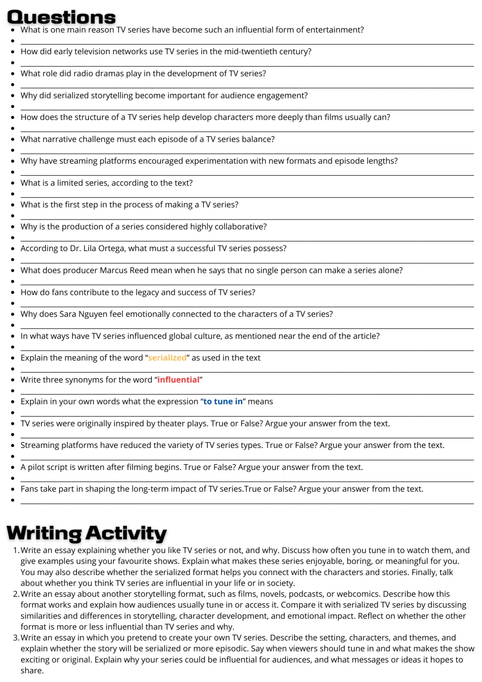 Questions on the TV series text: 22 comprehension, vocabulary and true-or-false items, then a choice of three essay prompts