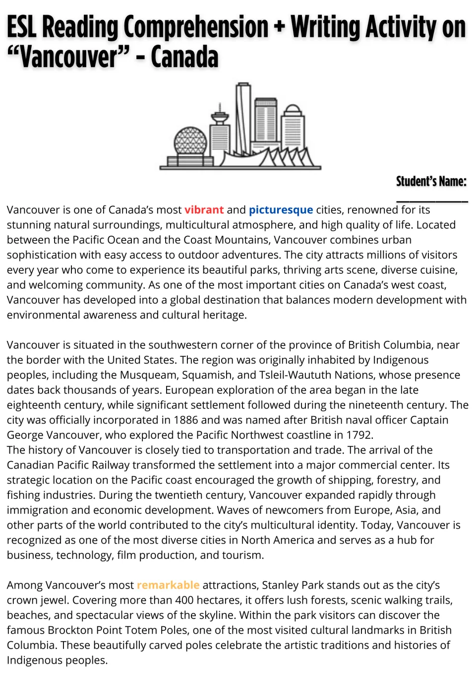 Vancouver text on its history and Stanley Park: students read it, with vibrant, picturesque, remarkable highlighted