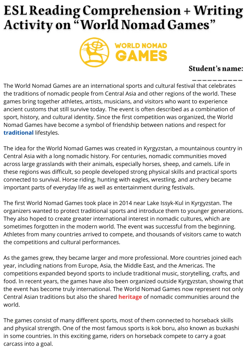 World Nomad Games reading passage, part 1: Kyrgyzstan origins, the first 2014 games at Lake Issyk-Kul and kok boru