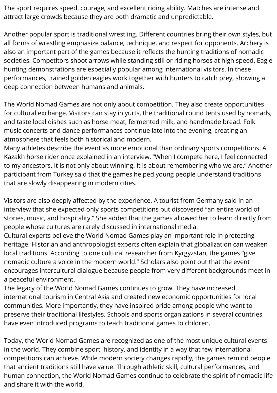 Passage continued: wrestling, archery, eagle hunting, yurts and food, plus athlete, tourist and expert quotes on heritage