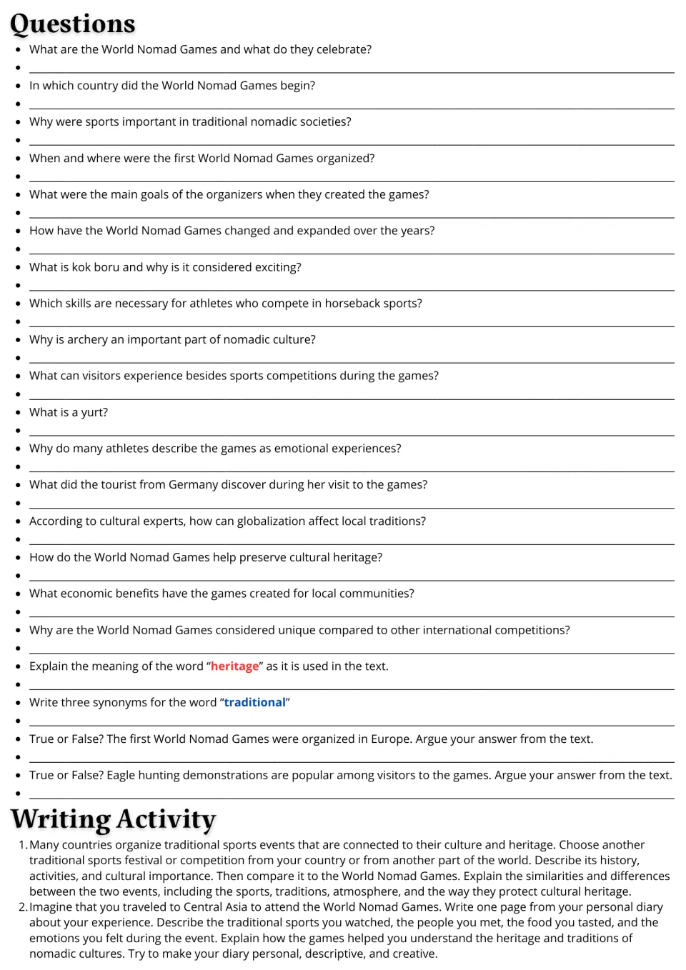 Comprehension questions on the nomad games text, vocabulary on heritage, true/false with evidence, and two writing prompts