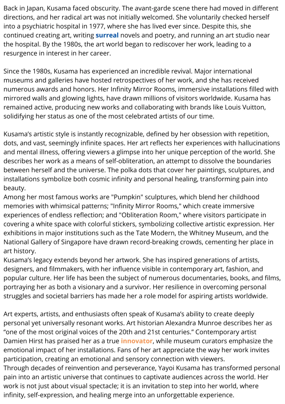 Reading passage continued: Yayoi Kusama's return to Japan, Infinity Mirror Rooms, artistic style, and legacy