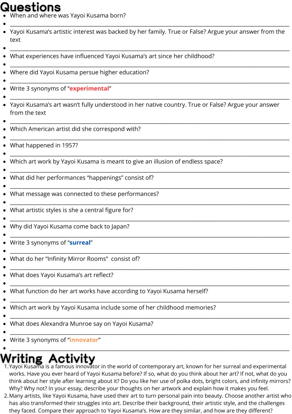 Yayoi Kusama reading follow-up: 20 comprehension and vocabulary questions plus two essay writing prompts