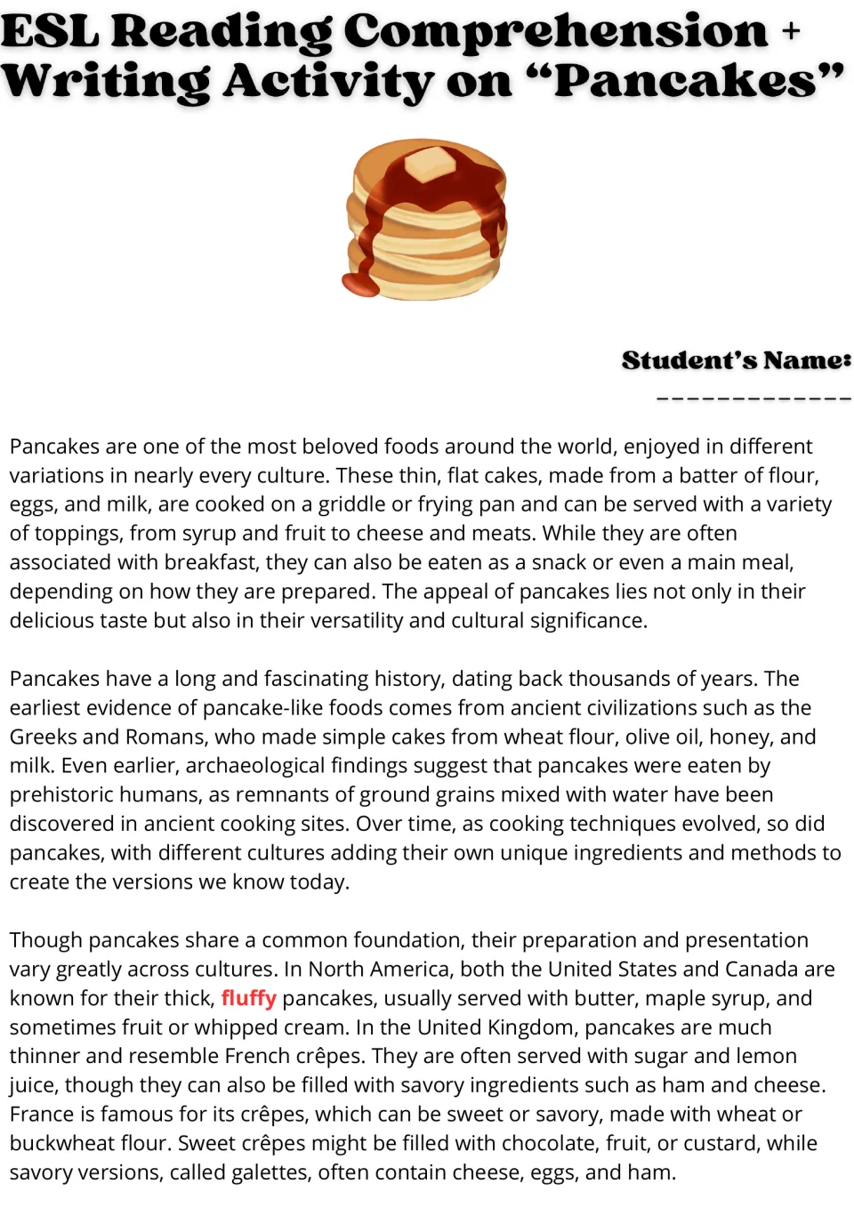 ESL reading passage, part 1: pancake ingredients, history, and variations in North America, Britain, and France