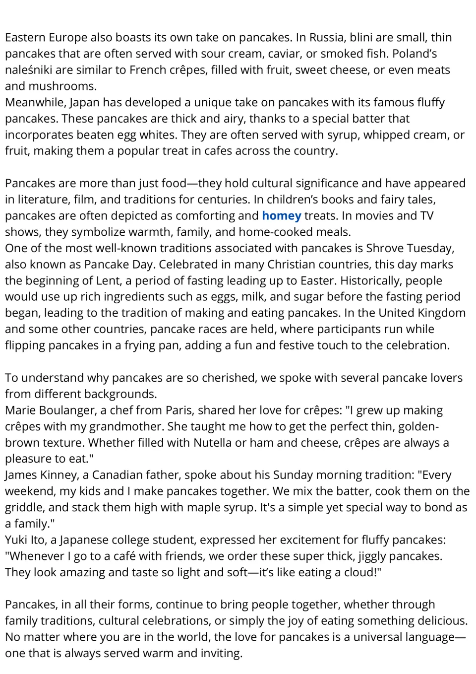 ESL reading passage, part 2: international pancakes, Pancake Day traditions, and three personal accounts